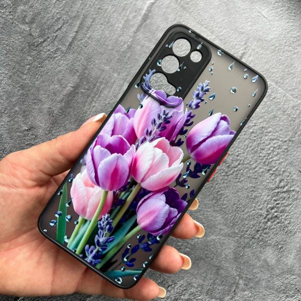 Чехол для Oppo А55 5G с защитой камеры с цветами лавандовые тюльпаны