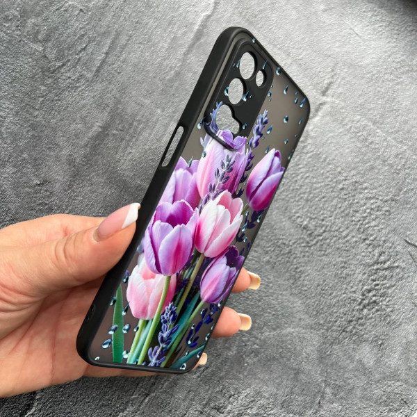 Чехол для Oppo А55 5G с защитой камеры с цветами лавандовые тюльпаны