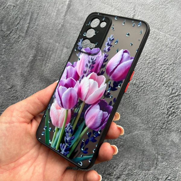 Чехол для Oppo А55 5G с защитой камеры с цветами лавандовые тюльпаны