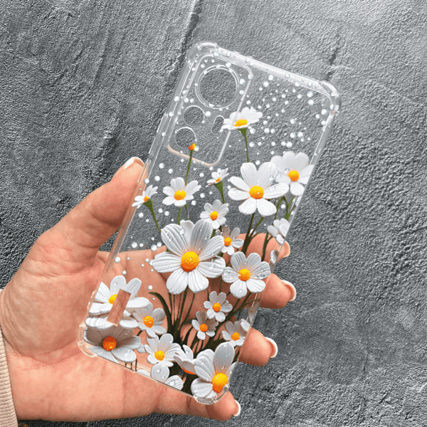 Чохол для Xiaomi 12T / Xiaomi 12T Pro з захистом камери з квітами ромашки білі протиударний прозорий силіконовий чохол