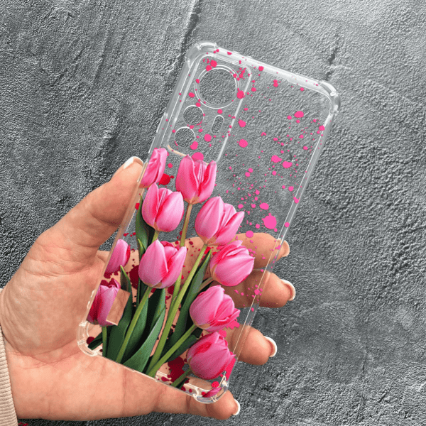 Чохол для Xiaomi 12T / Xiaomi 12T Pro із захистом камери з квітами рожеві тюльпани протиударний прозорий силіконовий чохол