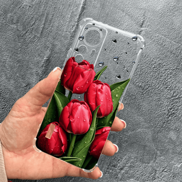 Чохол для Xiaomi 12T / Xiaomi 12T Pro із захистом камери з квітами червоні тюльпани з краплями протиударний прозорий силіконовий чохол