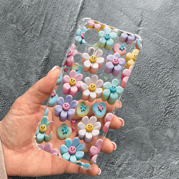 Чехол для Xiaomi 12T / Xiaomi 12T Pro с защитой камеры детский с цветами и смайликами противоударный прозрачный силиконовый чехол
