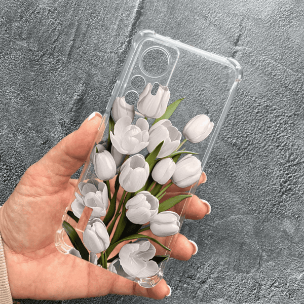 Чохол для Xiaomi 12T / Xiaomi 12T Pro з захистом камери з квітами білі тюльпани протиударний прозорий силіконовий чохол
