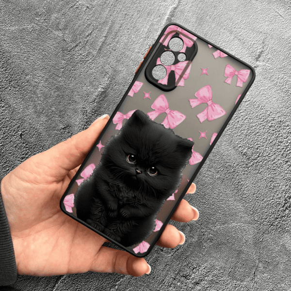 Чехол для Samsung Galaxy M13 детский с защитой камеры с котиком и бантиками
