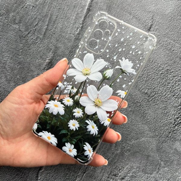 Чехол для Samsung Galaxy M13 с защитой камеры ромашки белые противоударный прозрачный силиконовый чехол