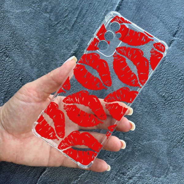 Чехол для Samsung Galaxy M13 с защитой камеры с красными губами противоударный прозрачный силиконовый чехол