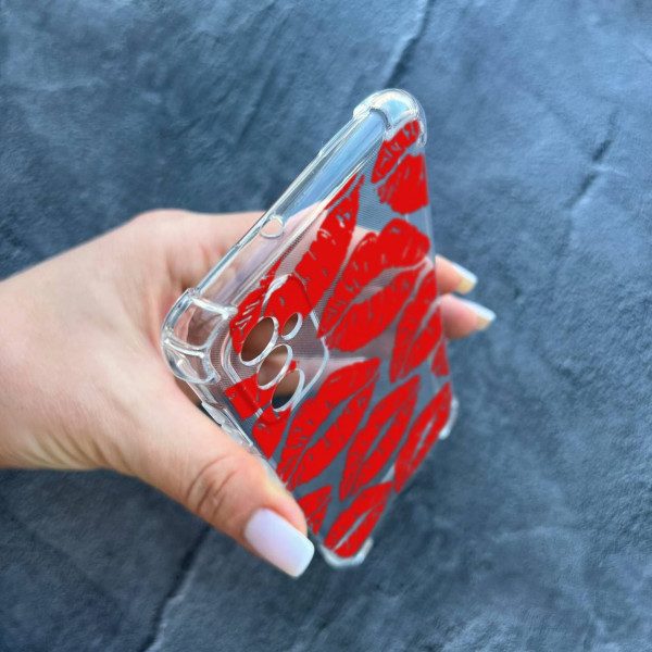 Чехол для Samsung Galaxy M13 с защитой камеры с красными губами противоударный прозрачный силиконовый чехол
