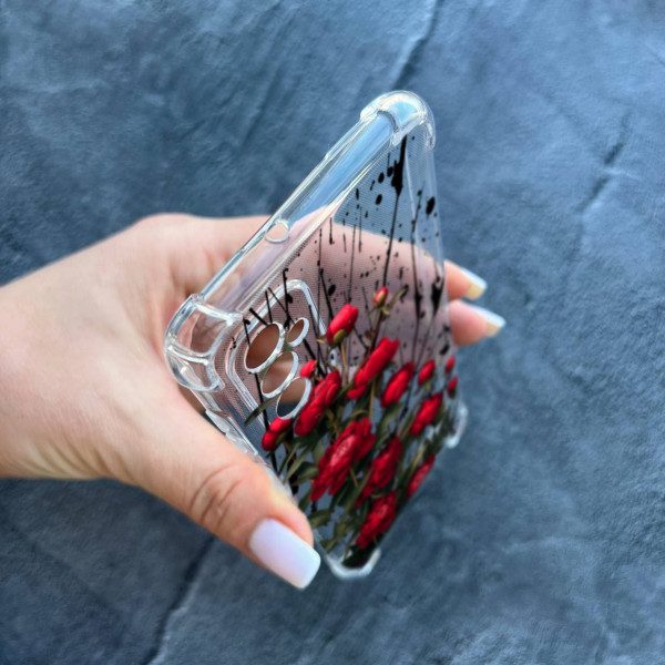 Чохол для Samsung Galaxy M13 з захистом камери з квітами червоні півонії маленькі протиударний прозорий силіконовий чохол