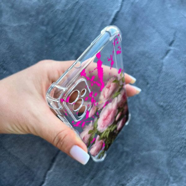 Чохол для Samsung Galaxy M13 з захистом камери з квітами рожеві півонії протиударний прозорий силіконовий чохол