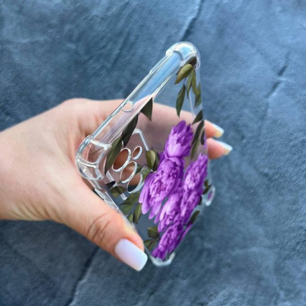Чехол для Samsung Galaxy M13 с защитой камеры с цветами лавандовые пионы противоударный прозрачный силиконовый чехол