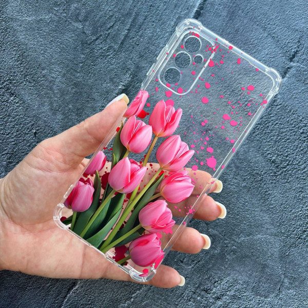 Чохол для Samsung Galaxy M13 із захистом камери з квітами рожеві тюльпани протиударний прозорий силіконовий чохол