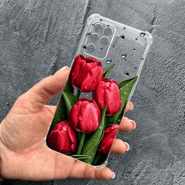 Чохол для Oppo Reno 5 Lite із захистом камери з квітами червоні тюльпани з краплями протиударний прозорий силіконовий чохол
