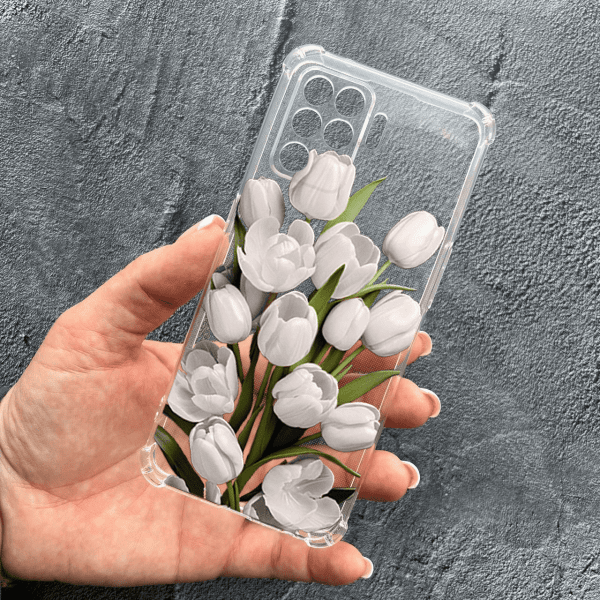 Чехол для Oppo Reno 5 Lite с защитой камеры с цветами белые тюльпаны противоударный прозрачный силиконовый чехол
