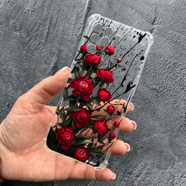 Чехол для Oppo Reno 5 Lite с защитой камеры с цветами красные пионы маленькие противоударный прозрачный силиконовый чехол
