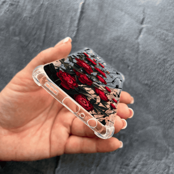 Чехол для Oppo Reno 5 Lite с защитой камеры с цветами красные пионы маленькие противоударный прозрачный силиконовый чехол