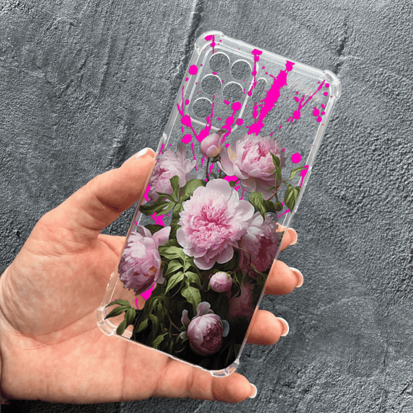Чохол для Oppo Reno 5 Lite з захистом камери з квітами рожеві півонії протиударний прозорий силіконовий чохол