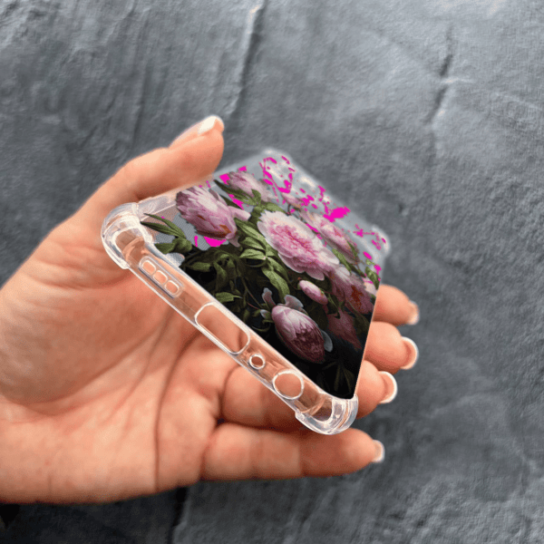 Чехол для Oppo Reno 5 Lite с защитой камеры с цветами розовые пионы противоударный прозрачный силиконовый чехол