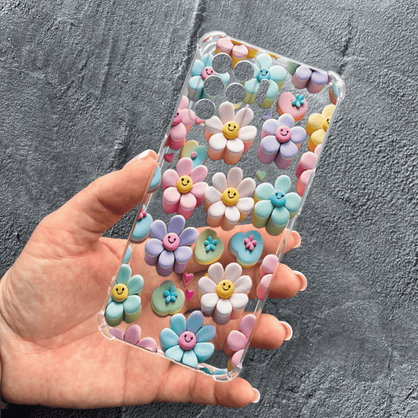 Чехол для Oppo Reno 5 Lite с защитой камеры детский с цветами и смайликами противоударный прозрачный силиконовый чехол