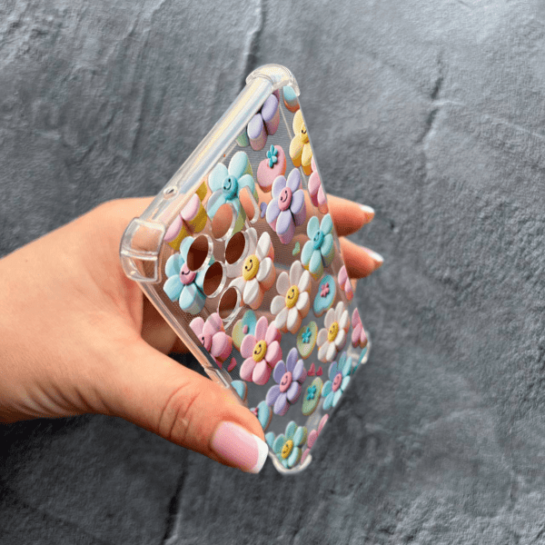 Чехол для Oppo Reno 5 Lite с защитой камеры детский с цветами и смайликами противоударный прозрачный силиконовый чехол