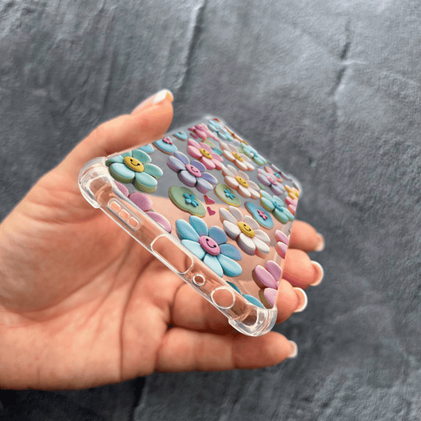 Чехол для Oppo Reno 5 Lite с защитой камеры детский с цветами и смайликами противоударный прозрачный силиконовый чехол
