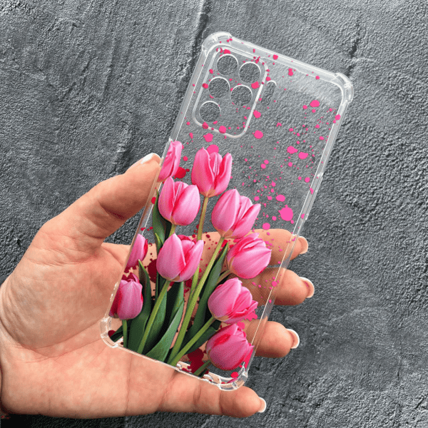 Чохол для Oppo Reno 5 Lite із захистом камери з квітами рожеві тюльпани протиударний прозорий силіконовий чохол