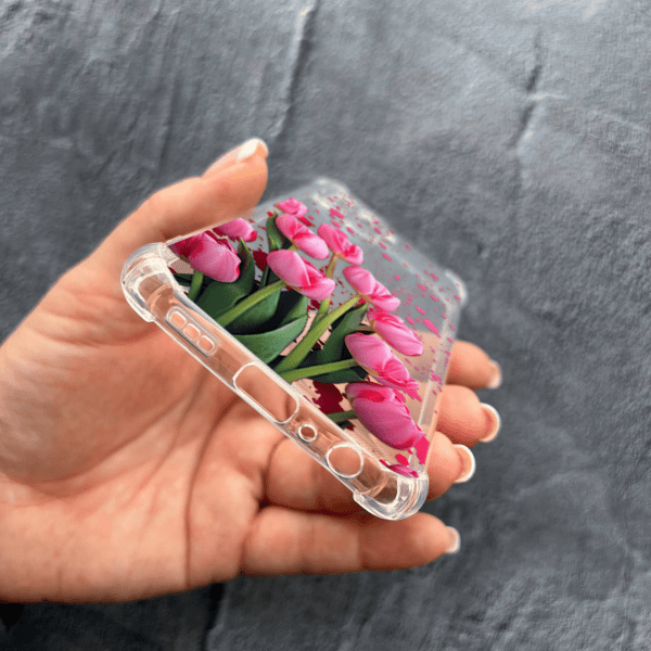 Чехол для Oppo Reno 5 Lite с защитой камеры с цветами розовые тюльпаны противоударный прозрачный силиконовый чехол