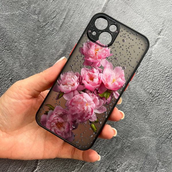 Чехол для iPhone 14 plus с защитой камеры с цветами и каплями