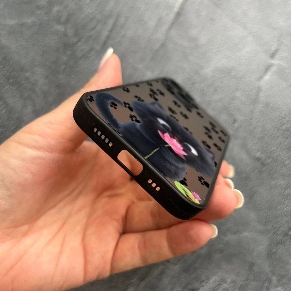 Чехол для iPhone 14 plus детский с защитой камеры с котом и цветком