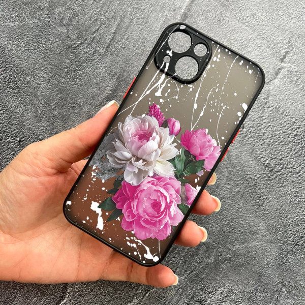 Чехол для iPhone 14 plus с защитой камеры с цветами пионы классические