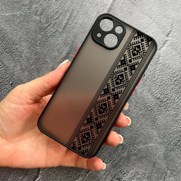 Чехол для iPhone 14 plus с защитой камеры с вышиванкой черная оригинальная