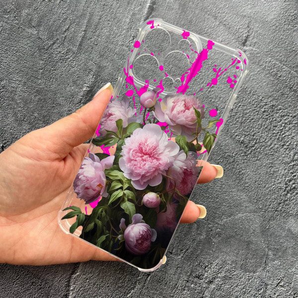 Чохол для iPhone 12 Pro з захистом камери з квітами рожеві півонії протиударний прозорий силіконовий чохол