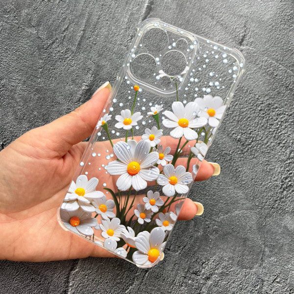 Чохол для iPhone 12 Pro з захистом камери з квітами ромашки білі протиударний прозорий силіконовий чохол