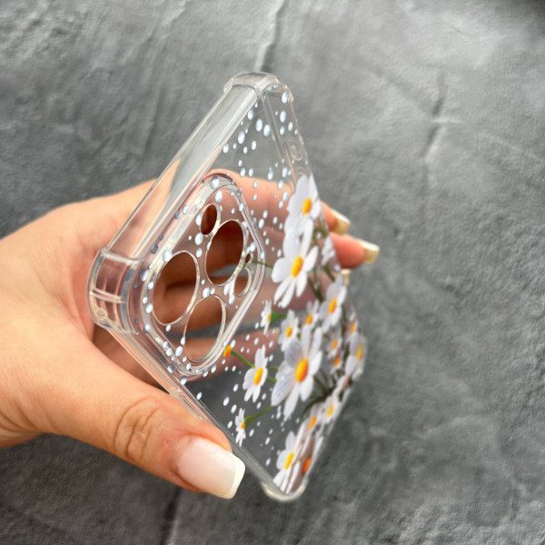 Чохол для iPhone 12 Pro з захистом камери з квітами ромашки білі протиударний прозорий силіконовий чохол