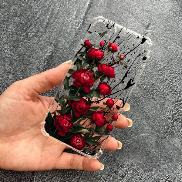 Чехол для iPhone 12 mini с защитой камеры красные пионы маленькие противоударный прозрачный силиконовый чехол