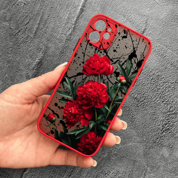 Чохол для iPhone 12 mini з захистом камери з квітами червоні півонії червоний бортик