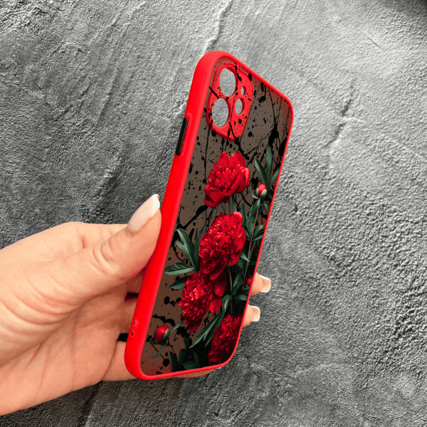 Чохол для iPhone 12 mini з захистом камери з квітами червоні півонії червоний бортик