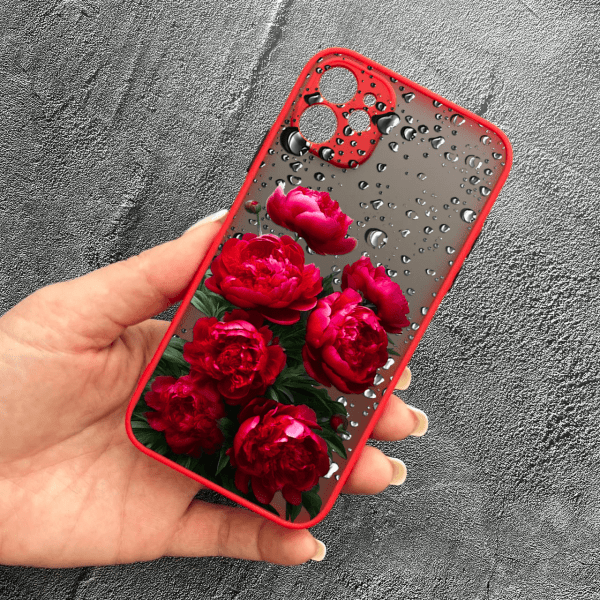 Чохол для iPhone 12 mini з захистом камери з квітами червоні крупні півонії з червоний бортик
