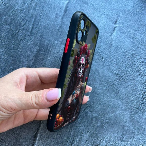 Чохол для iPhone 12 з захистом камери з дівчиною Санта-Муерте та листями