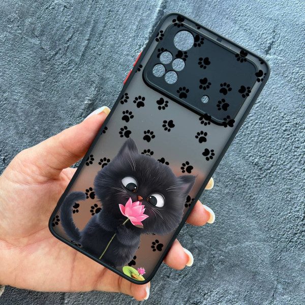 Чехол для Xiaomi Poco X4 Pro 4G / X4 Pro 5G с защитой камеры детский с котом и цветком