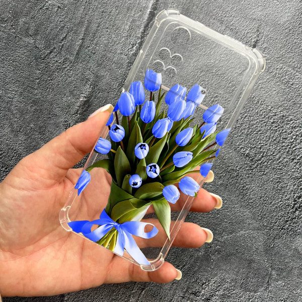 Чохол для Xiaomi Poco X4 Pro 4G / X4 Pro 5G з захистом камери з квітами букет синіх тюльпанів протиударний прозорий силіконовий чохол