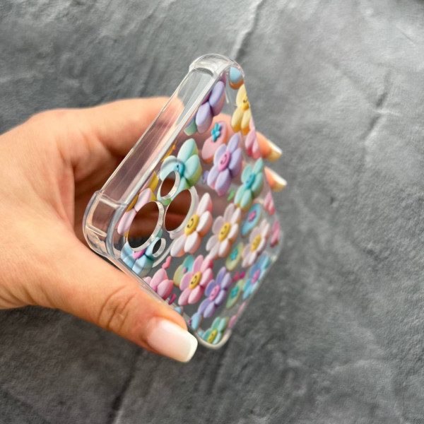 Чехол для iPhone 15 Plus с защитой камеры цветы-смайлики противоударный прозрачный силиконовый чехол