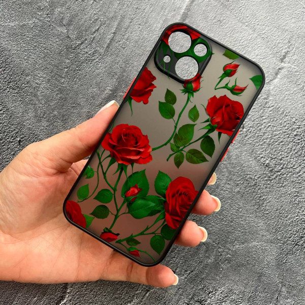 Чехол для iPhone 15 Plus с защитой камеры с цветами красные розы