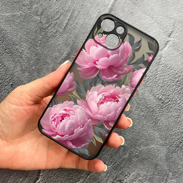 Чехол для iPhone 15 Plus с защитой камеры с цветами пионами крупными