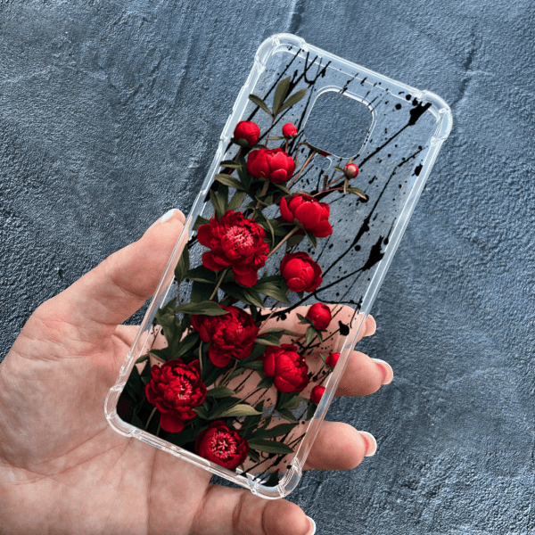 Чехол для Xiaomi Redmi Note 9s / Note 9 Pro / Note 9 Pro Max с цветами красные пионы маленькие противоударный прозрачный силиконовый чехол