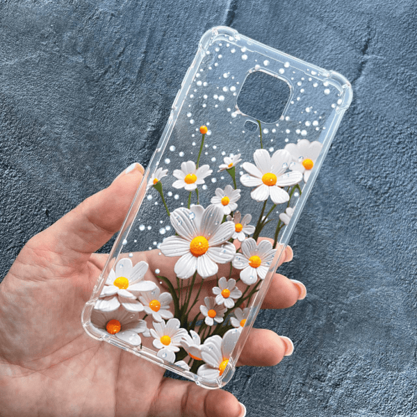 Чехол для Xiaomi Redmi Note 9s / Note 9 Pro / Note 9 Pro Max с цветами ромашки белые противоударный прозрачный силиконовый чехол