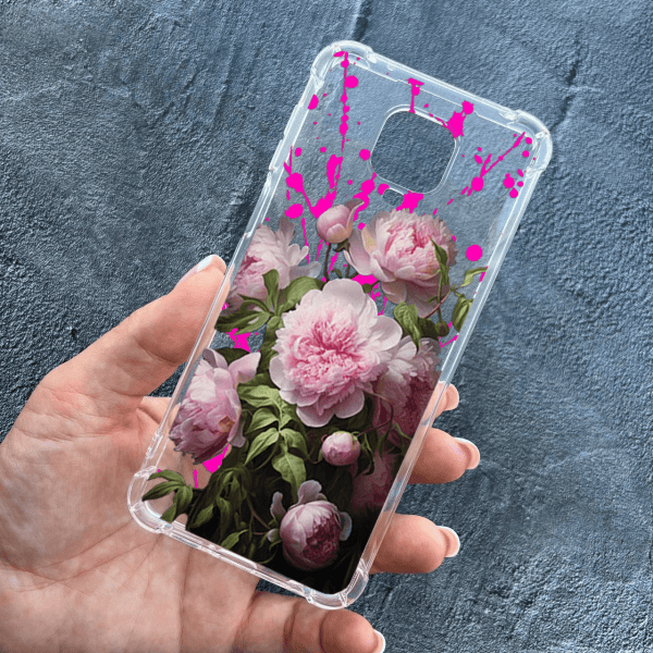 Чехол для Xiaomi Redmi Note 9s / Note 9 Pro / Note 9 Pro Max с цветами розовые пионы противоударный прозрачный силиконовый чехол