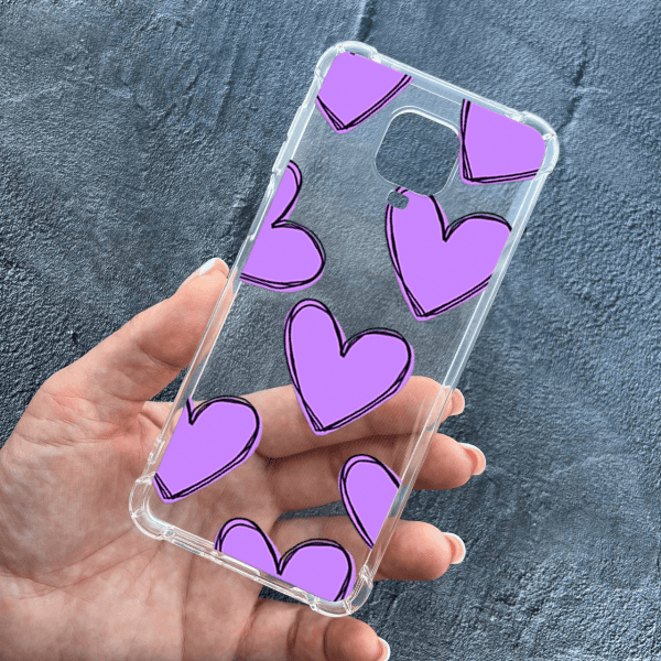 Чохол для Xiaomi Redmi Note 9s / Note 9 Pro / Note 9 Pro Max з бузковими сердечками протиударний прозорий силіконовий чохол