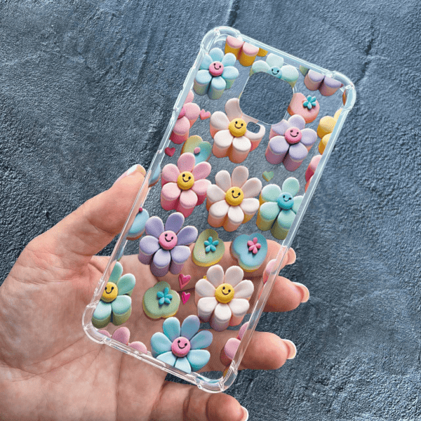Чехол для Xiaomi Redmi Note 9s / Note 9 Pro / Note 9 Pro Max детский с цветами и смайликами противоударный прозрачный силиконовый чехол
