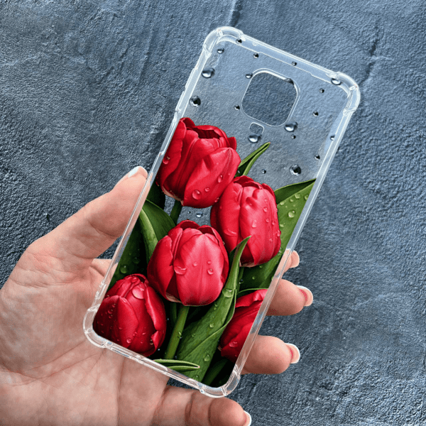 Чохол для Xiaomi Redmi Note 9s / Note 9 Pro / Note 9 Pro Max з квітами червоні тюльпани з краплями протиударний прозорий силіконовий чохол